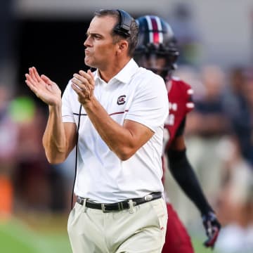 Aug 31, 2024; Columbia, South Carolina, USA; South Carolina Gamecocks head coach Shane Beamer reacts after a play against the Old Dominion Monarchs in the second half at Williams-Brice Stadium. Mandatory Credit: Jeff Blake-USA TODAY Sports