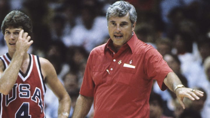 Aug 6, 1984; Los Angeles, CA, USA; FILE PHOTO; USA mens basketball head coach Bob Knight guard Steve Alford (4) on the sidelines against West Germany during the quarterfinals at the Forum during the 1984 Los Angeles Olympics. USA defeated West Germany 78-67. Mandatory Credit: USA TODAY Sports