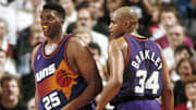 Phoenix Suns forward Charles Barkley (34) talks to Oliver Miller against the Portland Trail Blazers at Memorial Coliseum in Portland (undated file photo 1992). 