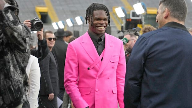 NFL draft prospect, Colorado Buffaloes wide receiver Travis Hunter, arrives during the NFL Draft Red Carpet event at Lambeau