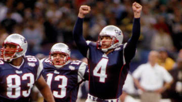 Feb 3, 2002; New Orleans, LA, USA; FILE PHOTO; New England Patriots kicker (4) ADAM VINATIERI celebrates after kicking a 48 yard field goal as time expired to win Super Bowl XXXVI against the St. Louis Rams at the Superdome 20-17. Mandatory Credit: Tony Tomsic-USA TODAY NETWORK