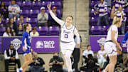 Sedona Prince celebrates for TCU alongside Hailey Van Lith in a win over Houston Christian.