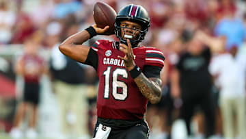 Oct 5, 2024; Columbia, South Carolina, USA; South Carolina Gamecocks quarterback LaNorris Sellers (16) passes against the Mississippi Rebels in the second half at Williams-Brice Stadium. Mandatory Credit: Jeff Blake-Imagn Images