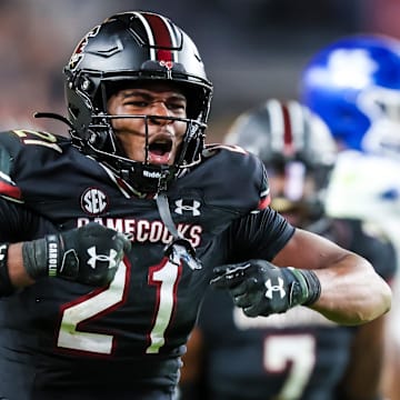 Nov 18, 2023; Columbia, South Carolina, USA; South Carolina Gamecocks defensive back Nick Emmanwori (21) celebrates a play against the Kentucky Wildcats in the second half at Williams-Brice Stadium. Mandatory Credit: Jeff Blake-Imagn Images Kentucky