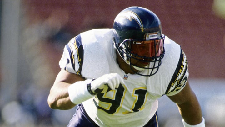 Dec 20, 1992; Los Angeles, CA, USA; San Diego Chargers defensive end Leslie O'Neal (91) in action against the Los Angeles Raiders at Los Angeles Memorial Coliseum. FILE PHOTO; Mandatory Credit: Imagn Images