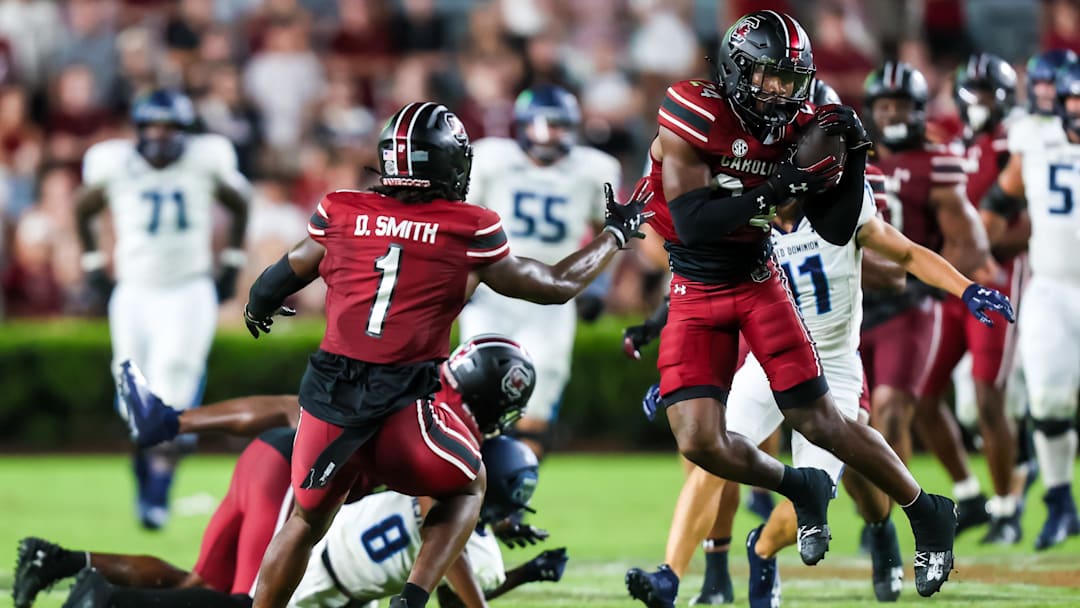 Aug 31, 2024; Columbia, South Carolina, USA; South Carolina Gamecocks defensive back Jalon Kilgore (24) makes an interception to seal a victory over the Old Dominion Monarchs in the fourth quarter at Williams-Brice Stadium. 