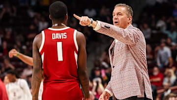 Mar 1, 2025; Columbia, South Carolina, USA; Arkansas Razorbacks head coach John Calipari directs his team against the South Carolina Gamecocks in the first half at Colonial Life Arena. Mandatory Credit: Jeff Blake-Imagn Images