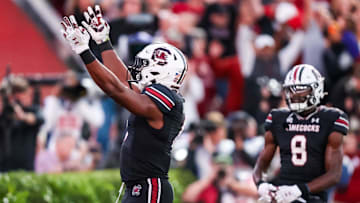 Nov 16, 2024; Columbia, South Carolina, USA; South Carolina Gamecocks tight end Joshua Simon (6) celebrates a touchdown against the Missouri Tigers in the second quarter at Williams-Brice Stadium. Mandatory Credit: Jeff Blake-Imagn Images