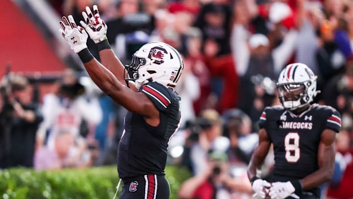 Nov 16, 2024; Columbia, South Carolina, USA; South Carolina Gamecocks tight end Joshua Simon (6) celebrates a touchdown against the Missouri Tigers in the second quarter at Williams-Brice Stadium. Mandatory Credit: Jeff Blake-Imagn Images