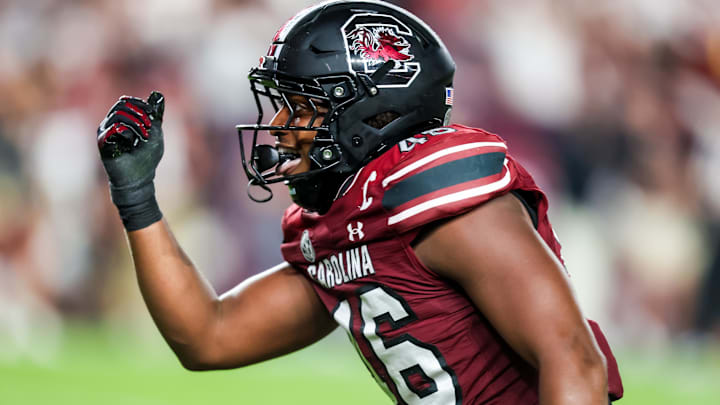 Sep 6, 2025; Columbia, South Carolina, USA; South Carolina Gamecocks linebacker Bryan Thomas Jr. (46) celebrates a sack against the South Carolina State Bulldogs in the second quarter at Williams-Brice Stadium. Mandatory Credit: Jeff Blake-Imagn Images