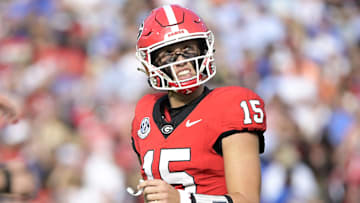 Nov 2, 2024; Jacksonville, Florida, USA; Georgia Bulldogs quarterback Carson Beck (15) reacts after throwing an interception against the Florida Gators during the first quarter at EverBank Stadium. Mandatory Credit: Melina Myers-Imagn Images