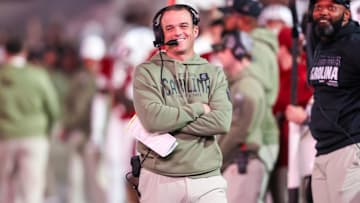 Nov 23, 2024; Columbia, South Carolina, USA; South Carolina Gamecocks head coach Shane Beamer directs his team against the Wofford Terriers in the second half at Williams-Brice Stadium. Mandatory Credit: Jeff Blake-Imagn Images