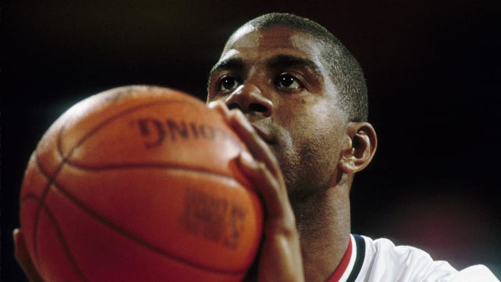 Jun 28, 1992; Portland, OR, USA: FILE PHOTO; USA dream team guard Magic Johnson during the 1992 Tournament of the Americas at Memorial Coliseum. Mandatory Credit: USA TODAY Sports