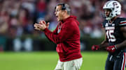 Nov 16, 2024; Columbia, South Carolina, USA; South Carolina Gamecocks head coach Shane Beamer directs his team against the Missouri Tigers in the second half at Williams-Brice Stadium. Mandatory Credit: Jeff Blake-Imagn Images