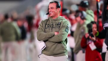 Nov 23, 2024; Columbia, South Carolina, USA; South Carolina Gamecocks head coach Shane Beamer directs his team against the Wofford Terriers in the second half at Williams-Brice Stadium. Mandatory Credit: Jeff Blake-Imagn Images