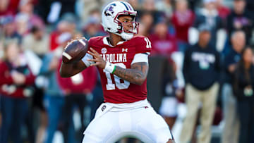 Nov 23, 2024; Columbia, South Carolina, USA; South Carolina Gamecocks quarterback LaNorris Sellers (16) throws a pass against the Wofford Terriers in the first quarter at Williams-Brice Stadium. Mandatory Credit: Jeff Blake-Imagn Images