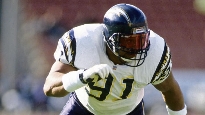 San Diego Chargers defensive end Leslie O'Neal (91) in action against the Los Angeles Raiders at Los Angeles Memorial Coliseum.