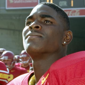 Nov 18, 1995; Los Angeles, CA, USA; FILE PHOTO; Southern California receiver Keyshawn Johnson (3) during introductions prior to the game against UCLA at the Los Angeles Coliseum. UCLA defeated USC 24-20. Mandatory Credit: Imagn Images