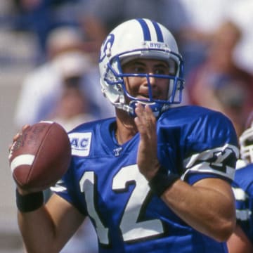 Aug 24, 1996; Provo, UT, USA, FILE PHOTO; BYU Cougars quarterback Steve Sarkisian (12) looks to throw against the Texas A&M Aggies at LaVell Edwards Stadium.