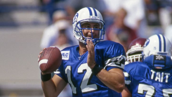 Aug 24, 1996; Provo, UT, USA, FILE PHOTO; BYU Cougars quarterback Steve Sarkisian (12) looks to throw against the Texas A&M Aggies at LaVell Edwards Stadium.