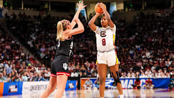Mar 23, 2025; Columbia, South Carolina, USA; South Carolina Gamecocks forward Joyce Edwards (8) shoots over Indiana Hoosiers guard Sydney Parrish (33) in the first half at Colonial Life Arena. Mandatory Credit: Jeff Blake-Imagn Images