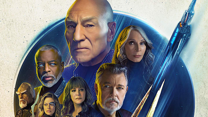 Michael Dorn as Worf, LeVar Burton as Geordi, Jeri Ryan as Seven of Nine, Michelle Hurd as Raffi, Marina Sirtis as Deanna Troi, Brent Spiner as Data, Jonathan Frakes as Riker, Patrick Stewart as Picard and Gates McFadden as Dr. Beverly Crusher in the teaser art of the Paramount+ original series STAR TREK: PICARD. Photo Cr: Joe Pugliese/Paramount+. © 2022 CBS Studios Inc. All Rights Reserved.
