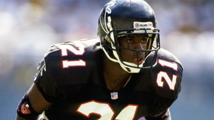 Sep 29, 1991; Atlanta, GA, USA; FILE PHOTO; Atlanta Falcons cornerback Deion Sanders (21) during a game against the New Orleans Saints at Fulton County Stadium. 