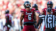 Aug 31, 2024; Columbia, South Carolina, USA; South Carolina Gamecocks edge Dylan Stewart (6) celebrates after a sack against the Old Dominion Monarchs in the second quarter at Williams-Brice Stadium. Mandatory Credit: Jeff Blake-Imagn Images