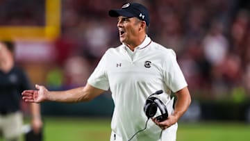 Sep 6, 2025; Columbia, South Carolina, USA; South Carolina Gamecocks head coach Shane Beamer directs his team against the South Carolina State Bulldogs in the second half at Williams-Brice Stadium. Mandatory Credit: Jeff Blake-Imagn Images