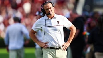 Oct 5, 2024; Columbia, South Carolina, USA; South Carolina Gamecocks head coach Shane Beamer directs his team against the Mississippi Rebels in the second quarter at Williams-Brice Stadium. Mandatory Credit: Jeff Blake-Imagn Images