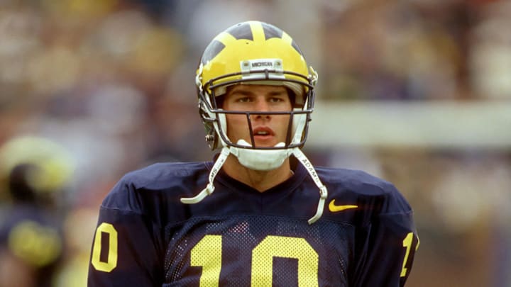 Unknown date 1996; Ann Arbor, MI, USA; FILE PHOTO; Michigan Wolverines quarterback Tom Brady (10) during the 1996 season. Mandatory Credit: Photo By Imagn Images