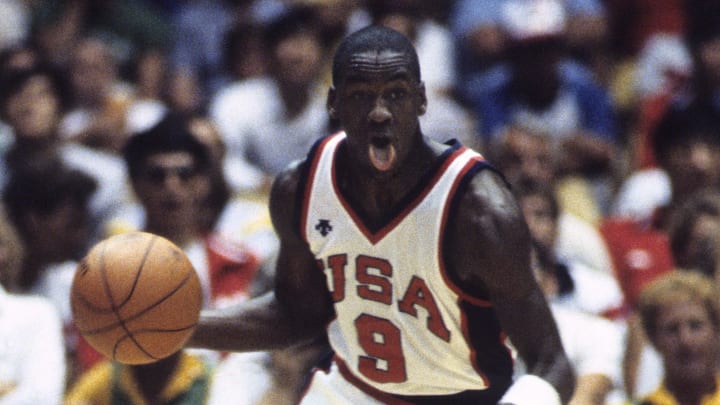 Aug 8, 1984; Los Angeles, CA, USA; FILE PHOTO; USA mens basketball guard Michael Jordan (9) in action against Canada during the semi-finals at the Forum during the 1984 Los Angeles Olympics. USA defeated Canada 78-59. Mandatory Credit: Porter Binks-USA TODAY Sports