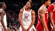 Mar 1, 2025; Columbia, South Carolina, USA; South Carolina Gamecocks forward Collin Murray-Boyles (30) celebrates a play against the Arkansas Razorbacks in the first half at Colonial Life Arena. Mandatory Credit: Jeff Blake-Imagn Images