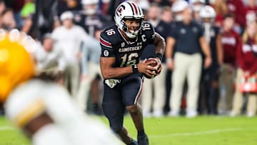 Nov 16, 2024; Columbia, South Carolina, USA; South Carolina Gamecocks quarterback LaNorris Sellers (16) scrambles against the Missouri Tigers in the second half at Williams-Brice Stadium. Mandatory Credit: Jeff Blake-Imagn Images