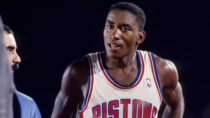 Jun 1988; Detroit, MI, USA; FILE PHOTO; Detroit Pistons guard Isiah Thomas (11) reacts during the 1988 NBA Finals against the Los Angeles Lakers at the Silverdome. Mandatory Credit: MPS-USA TODAY Sports