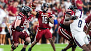 Sep 6, 2025; Columbia, South Carolina, USA; South Carolina Gamecocks quarterback LaNorris Sellers (16) passes against the South Carolina State Bulldogs in the second quarter at Williams-Brice Stadium. Mandatory Credit: Jeff Blake-Imagn Images
