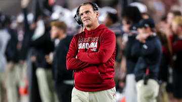 Nov 16, 2024; Columbia, South Carolina, USA; South Carolina Gamecocks head coach Shane Beamer directs his team against the Missouri Tigers in the second half at Williams-Brice Stadium. Mandatory Credit: Jeff Blake-Imagn Images