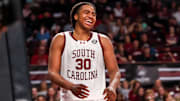 Mar 1, 2025; Columbia, South Carolina, USA; South Carolina Gamecocks forward Collin Murray-Boyles (30) celebrates a play against the Arkansas Razorbacks in the second half at Colonial Life Arena. Mandatory Credit: Jeff Blake-Imagn Images