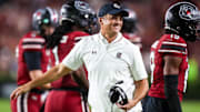 Sep 6, 2025; Columbia, South Carolina, USA; South Carolina Gamecocks head coach Shane Beamer directs his team against the South Carolina State Bulldogs in the second half at Williams-Brice Stadium. Mandatory Credit: Jeff Blake-Imagn Images