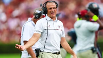 Oct 5, 2024; Columbia, South Carolina, USA; South Carolina Gamecocks head coach Shane Beamer directs his team against the Mississippi Rebels in the second quarter at Williams-Brice Stadium. Mandatory Credit: Jeff Blake-Imagn Images