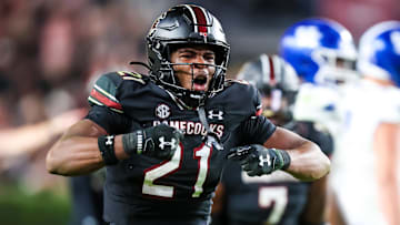 South Carolina Gamecocks defensive back Nick Emmanwori celebrates a play against the Kentucky Wildcats.