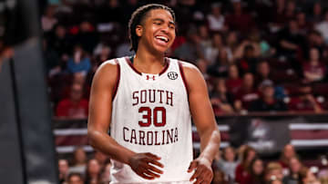Mar 1, 2025; Columbia, South Carolina, USA; South Carolina Gamecocks forward Collin Murray-Boyles (30) celebrates a play against the Arkansas Razorbacks in the second half at Colonial Life Arena. Mandatory Credit: Jeff Blake-Imagn Images