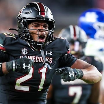 South Carolina Gamecocks defensive back Nick Emmanwori celebrates a play against the Kentucky Wildcats.