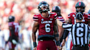 Aug 31, 2024; Columbia, South Carolina, USA; South Carolina Gamecocks edge Dylan Stewart (6) celebrates after a sack against the Old Dominion Monarchs in the second quarter at Williams-Brice Stadium. Mandatory Credit: Jeff Blake-Imagn Images