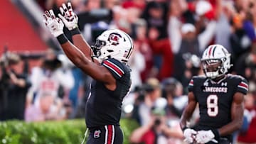 Nov 16, 2024; Columbia, South Carolina, USA; South Carolina Gamecocks tight end Joshua Simon (6) celebrates a touchdown against the Missouri Tigers in the second quarter at Williams-Brice Stadium. Mandatory Credit: Jeff Blake-Imagn Images