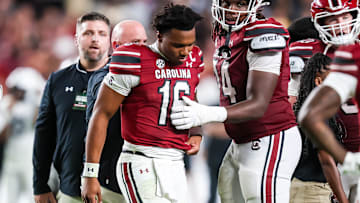 Sep 13, 2025; Columbia, South Carolina, USA; South Carolina Gamecocks quarterback LaNorris Sellers (16) walks off the field after being injured against the Vanderbilt Commodores in the second quarter at Williams-Brice Stadium. Mandatory Credit: Jeff Blake-Imagn Images