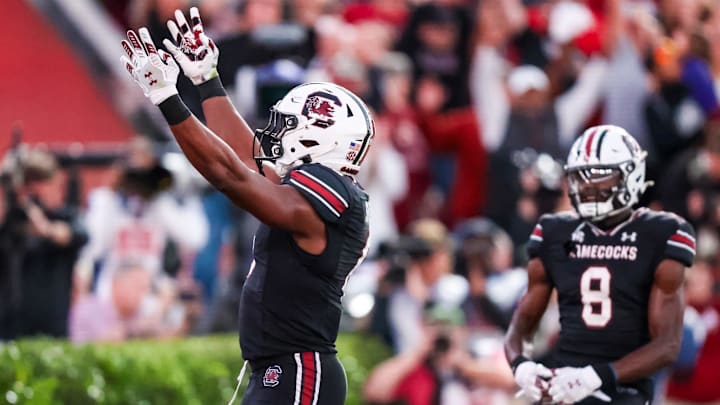 Nov 16, 2024; Columbia, South Carolina, USA; South Carolina Gamecocks tight end Joshua Simon (6) celebrates a touchdown against the Missouri Tigers in the second quarter at Williams-Brice Stadium. Mandatory Credit: Jeff Blake-Imagn Images