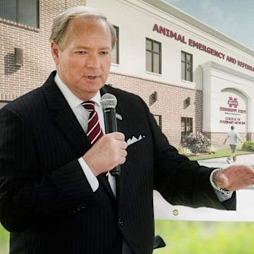 Mississippi State University President Mark Keenum speaks during the groundbreaking ceremony for the expansion of the Animal Emergency and Referral Center, affiliated with the Mississippi State University College of Veterinary Medicine, in Flowood, Miss., Wednesday, May 19, 2021.