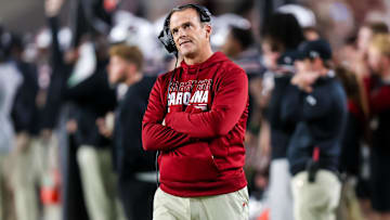 Nov 16, 2024; Columbia, South Carolina, USA; South Carolina Gamecocks head coach Shane Beamer directs his team against the Missouri Tigers in the second half at Williams-Brice Stadium. Mandatory Credit: Jeff Blake-Imagn Images