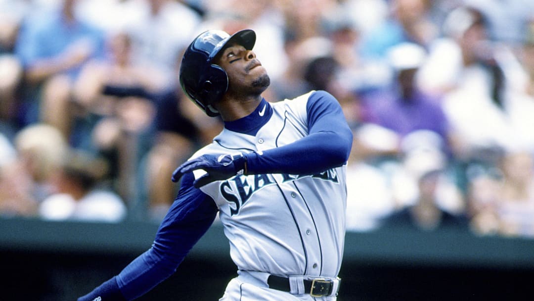 Jun 16, 1996; Baltimore, MD, USA; FILE PHOTO; Seattle Mariners outfielder Ken Griffey Jr. hits a home run against the Baltimore Orioles at Camden Yards. Mandatory Credit: RVR Photos-Imagn Images Jun 16, 1996; Baltimore, MD, USA; FILE PHOTO; Seattle Mariners outfielder Ken Griffey Jr. hits a home run against the Baltimore Orioles at Camden Yards. Mandatory Credit: RVR Photos-Imagn Images